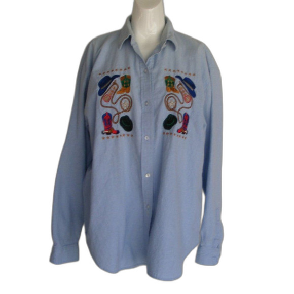 Chambray Top, L, Blue, Western Embroidery/Boots & Hats, Long sleeves, Buttons - Picture 8 of 14